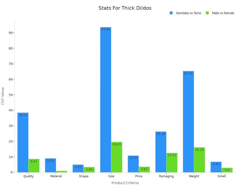 Bar chart comparing chi-square values of key criteria for thick dildos